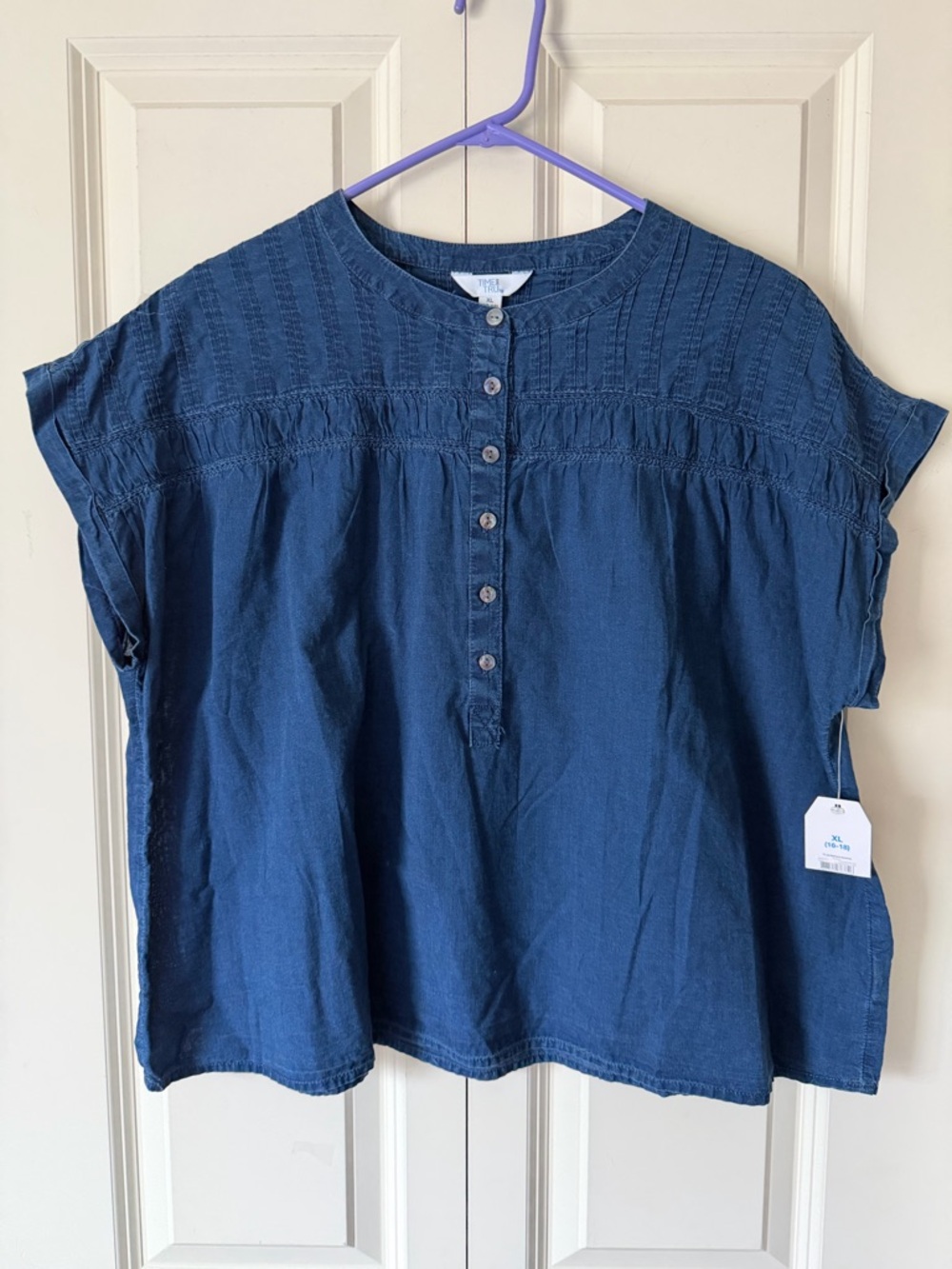 Time and Tru Indigo Button-Front Short Sleeve Peasant Top
